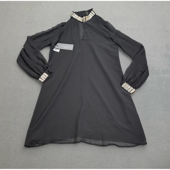 Marciano Guess Leila Black Tunic Dress S Jet Black Embellish Collar Long Sleeve - Picture 1 of 11